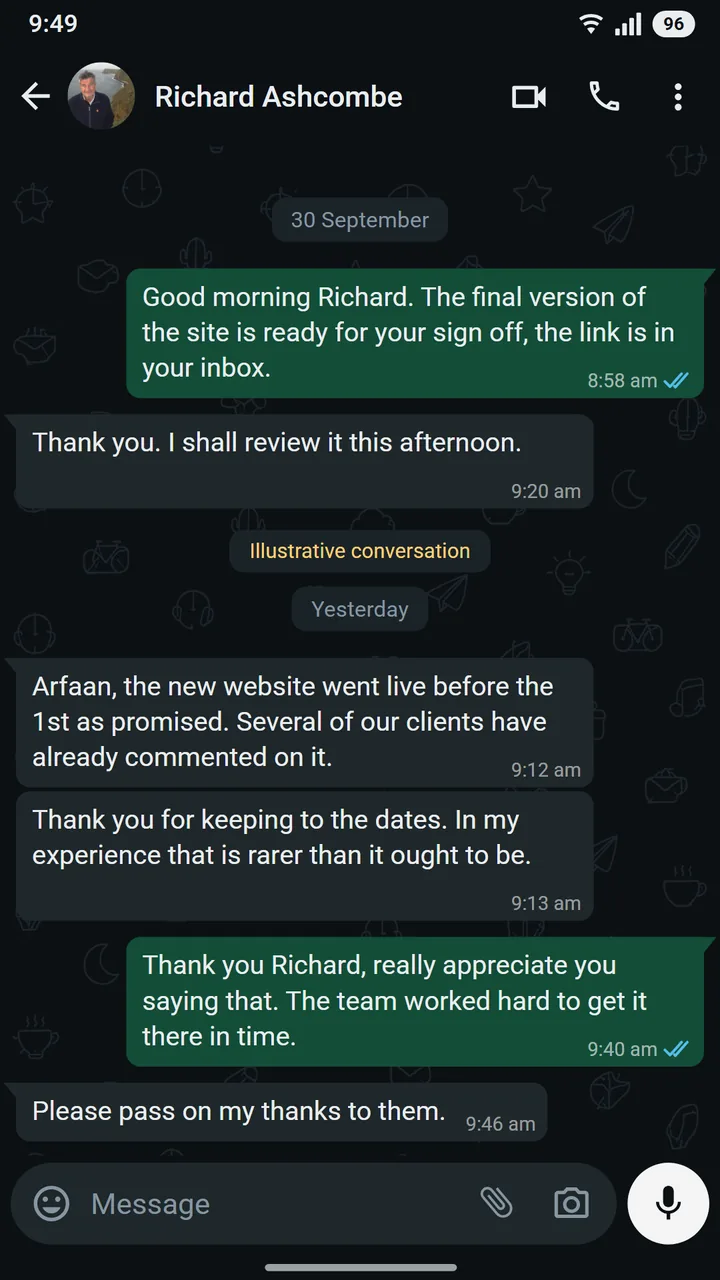WhatsApp conversation between Richard Ashcombe of Ashcombe Legal and Arfaan at Asteroid