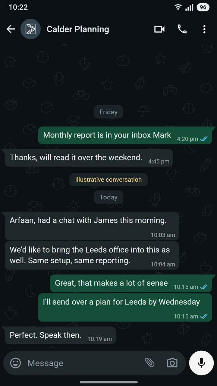 WhatsApp conversation between Mark Hollis of Calder Planning and Arfaan at Asteroid