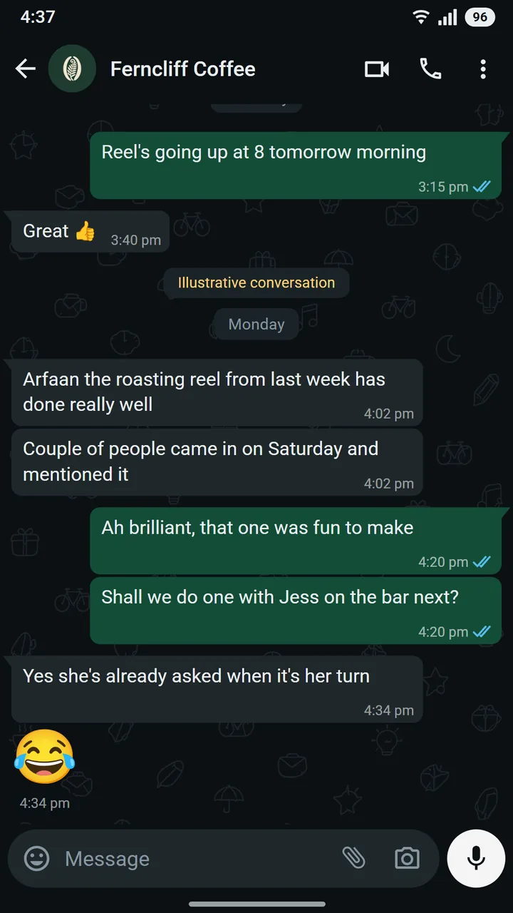 WhatsApp conversation between Tom Avery of Ferncliff Coffee and Arfaan at Asteroid