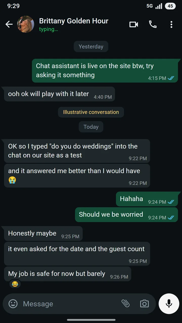 WhatsApp conversation between Brittany Hale of Golden Hour Events and Bilal at Asteroid