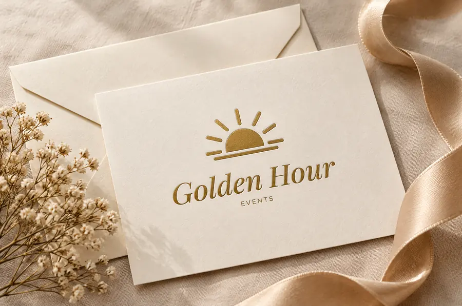 Golden Hour Events brand identity: invitation suite
