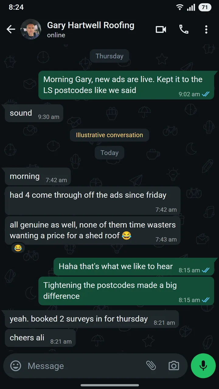 WhatsApp conversation between Gary Hartwell of Hartwell Roofing and Ali at Asteroid