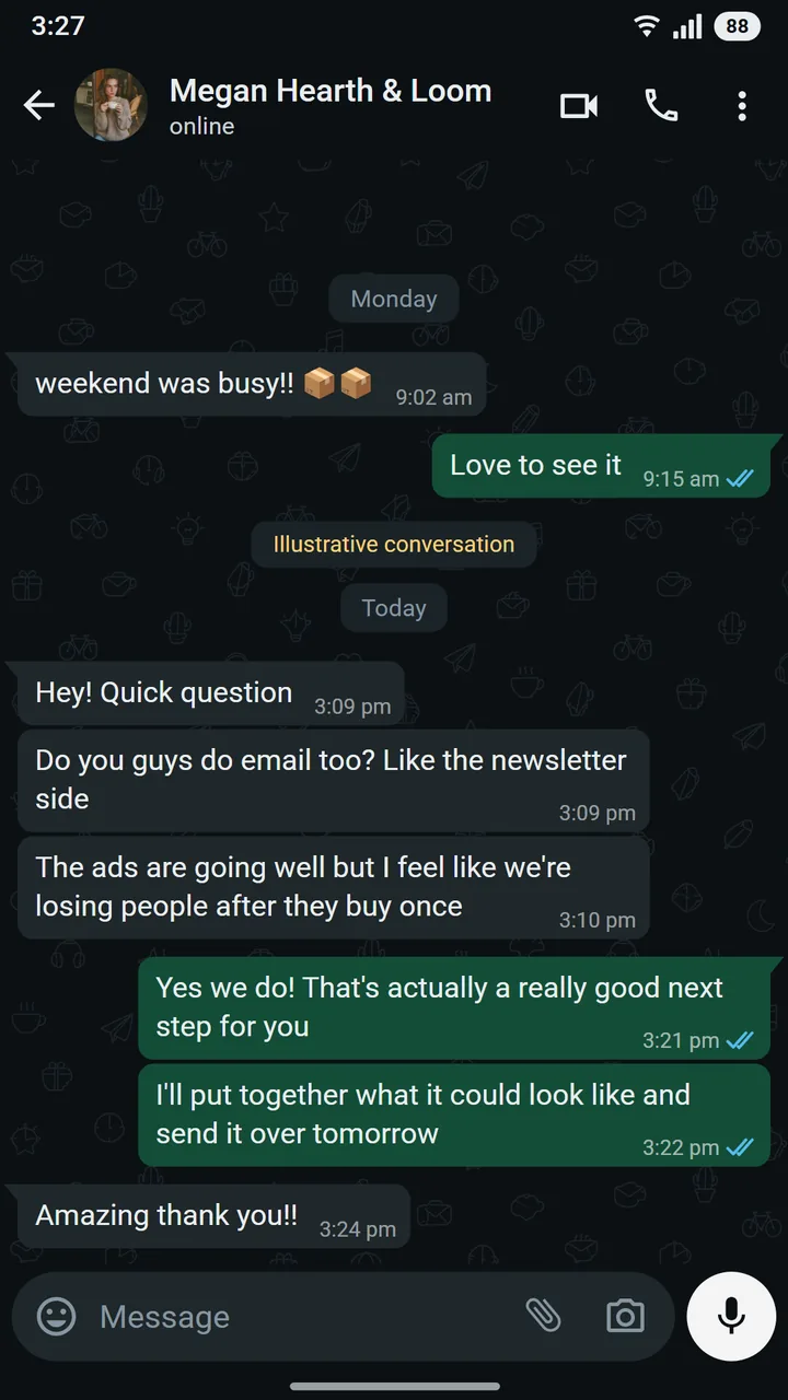 WhatsApp conversation between Megan Doyle of Hearth & Loom and Muskan at Asteroid