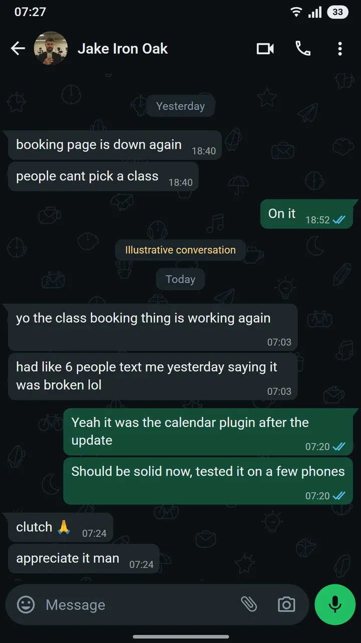 WhatsApp conversation between Jake Moreno of Iron Oak Strength and Shafi at Asteroid