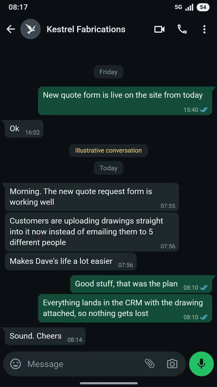 WhatsApp conversation between Steve Moss of Kestrel Fabrications and Abdulrahman at Asteroid
