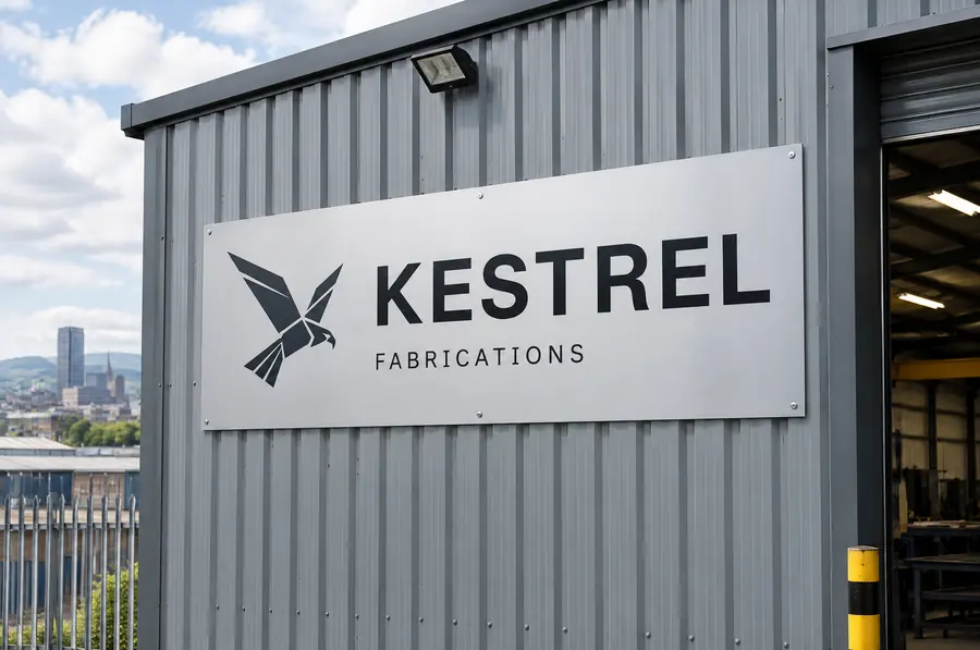 Kestrel Fabrications brand identity: workshop sign