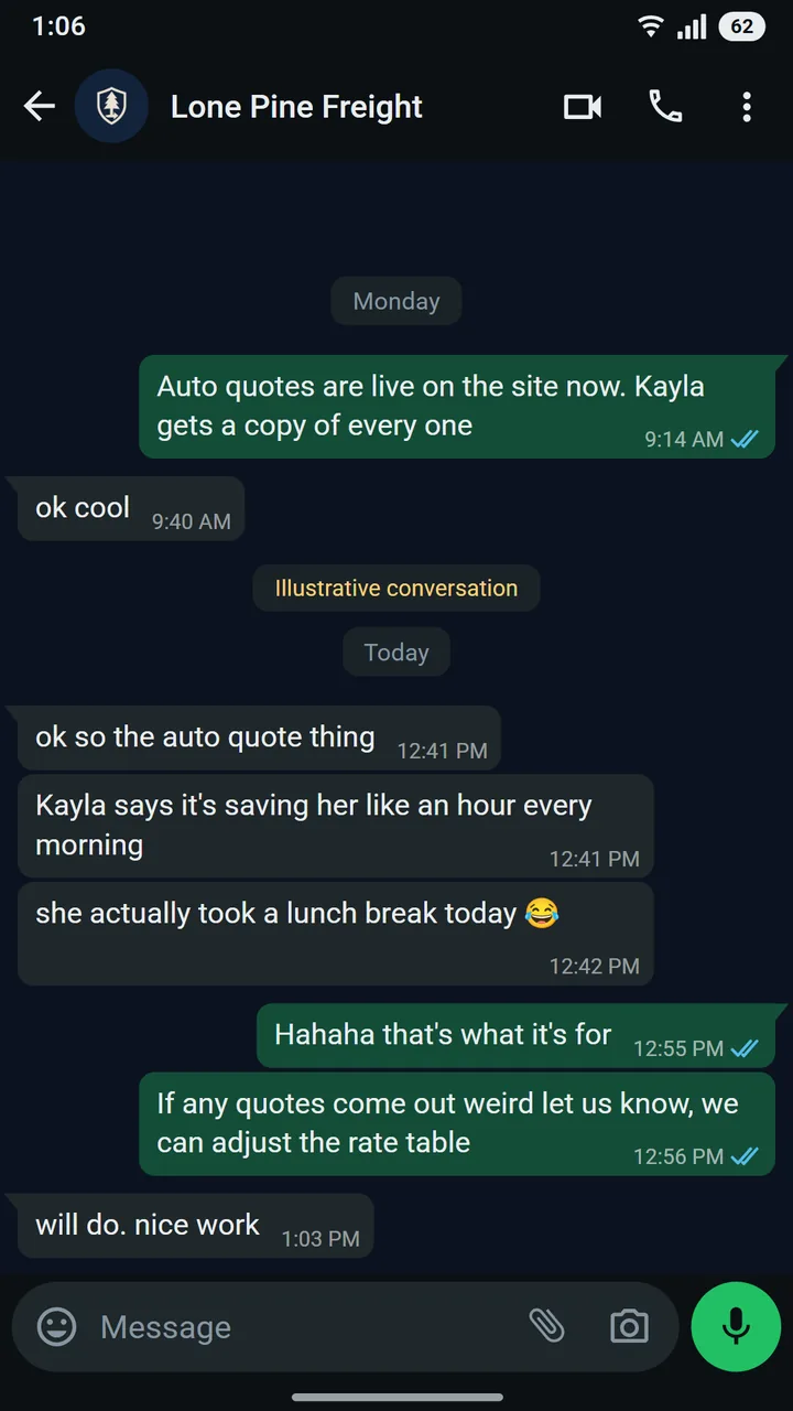 WhatsApp conversation between Rosa Delgado of Lone Pine Freight and Maruf at Asteroid