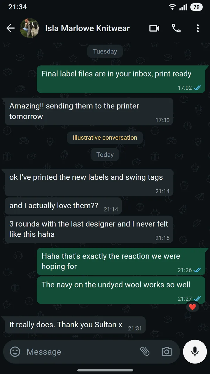 WhatsApp conversation between Isla Fraser of Marlowe Knitwear and Sultan at Asteroid