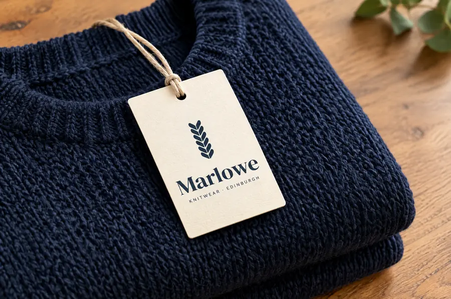 Marlowe Knitwear brand identity: swing tag