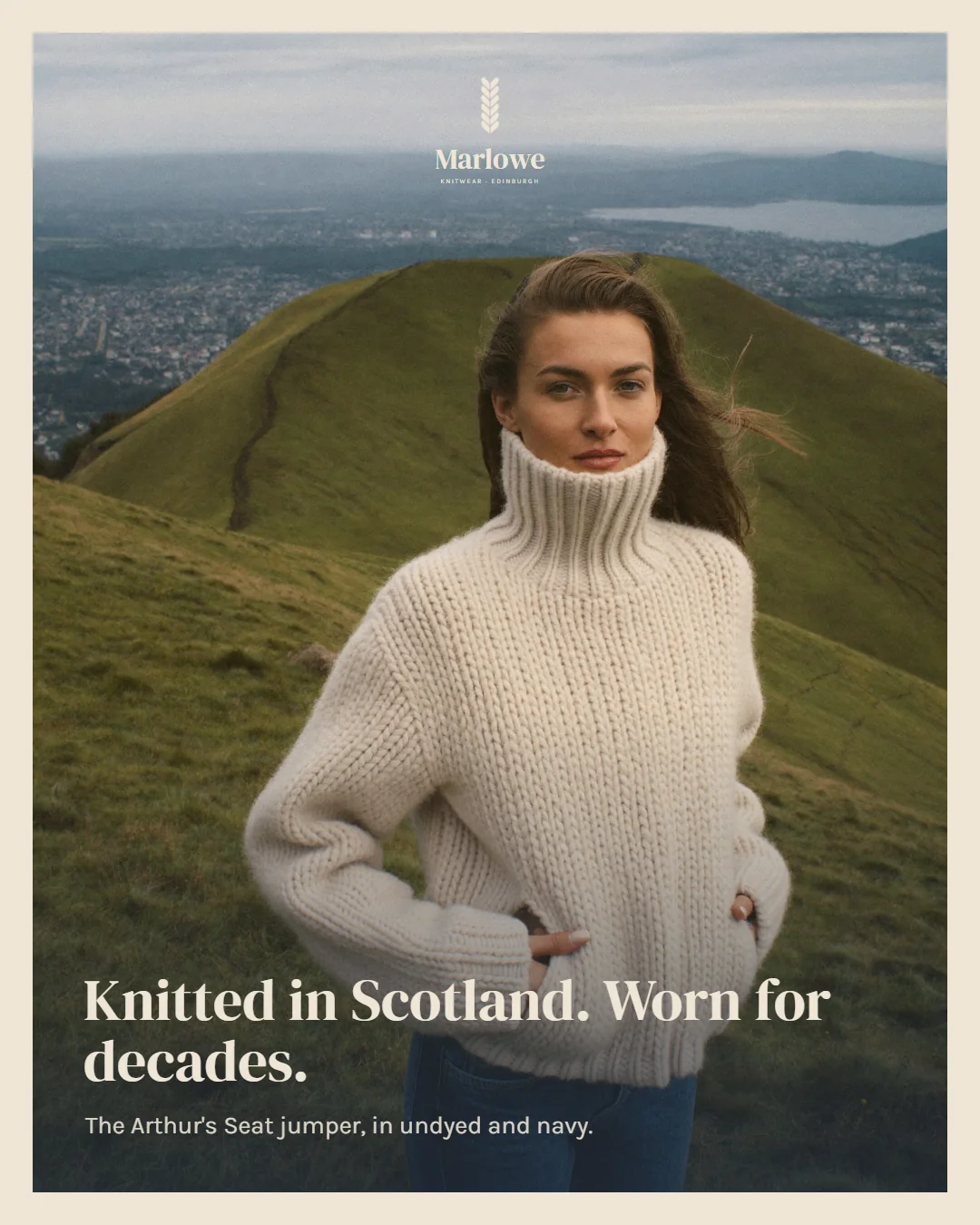 Marlowe Knitwear Instagram post: Knitted in Scotland. Worn for decades.