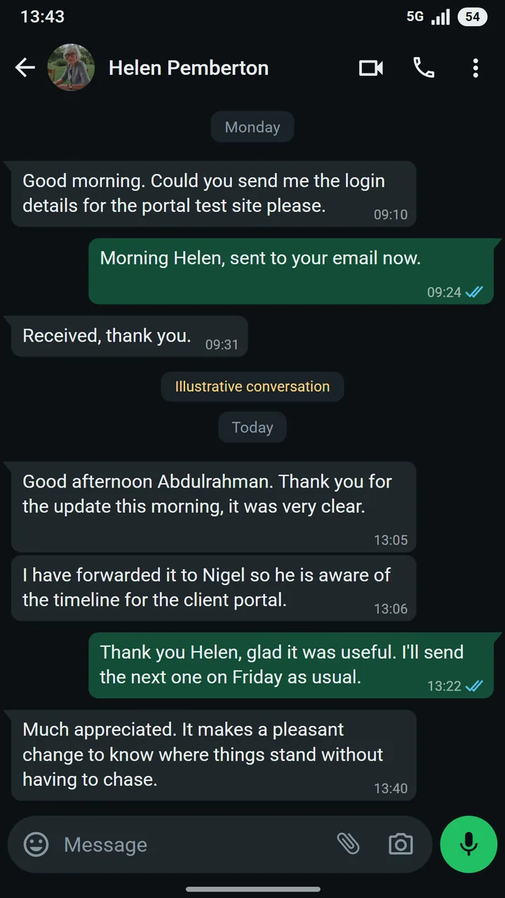 WhatsApp conversation between Helen Pemberton of Pemberton & Lowe and Abdulrahman at Asteroid