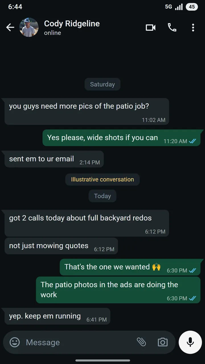 WhatsApp conversation between Cody Larsen of Ridgeline Landscapes and Bilal at Asteroid