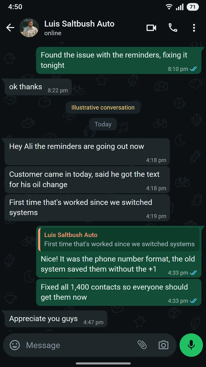 WhatsApp conversation between Luis Ortega of Saltbush Auto Works and Ali at Asteroid