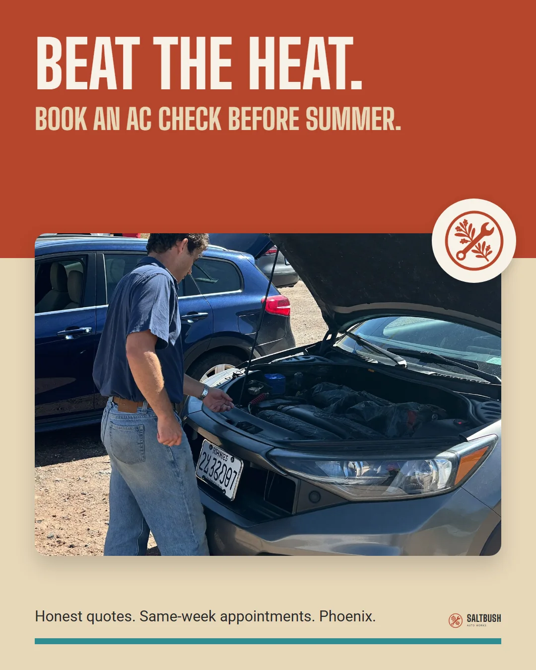 Saltbush Auto Works Instagram post: Beat the heat. Book an AC check before summer.