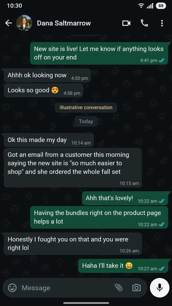 WhatsApp conversation between Dana Whitlock of Saltmarrow Skin and Muskan at Asteroid