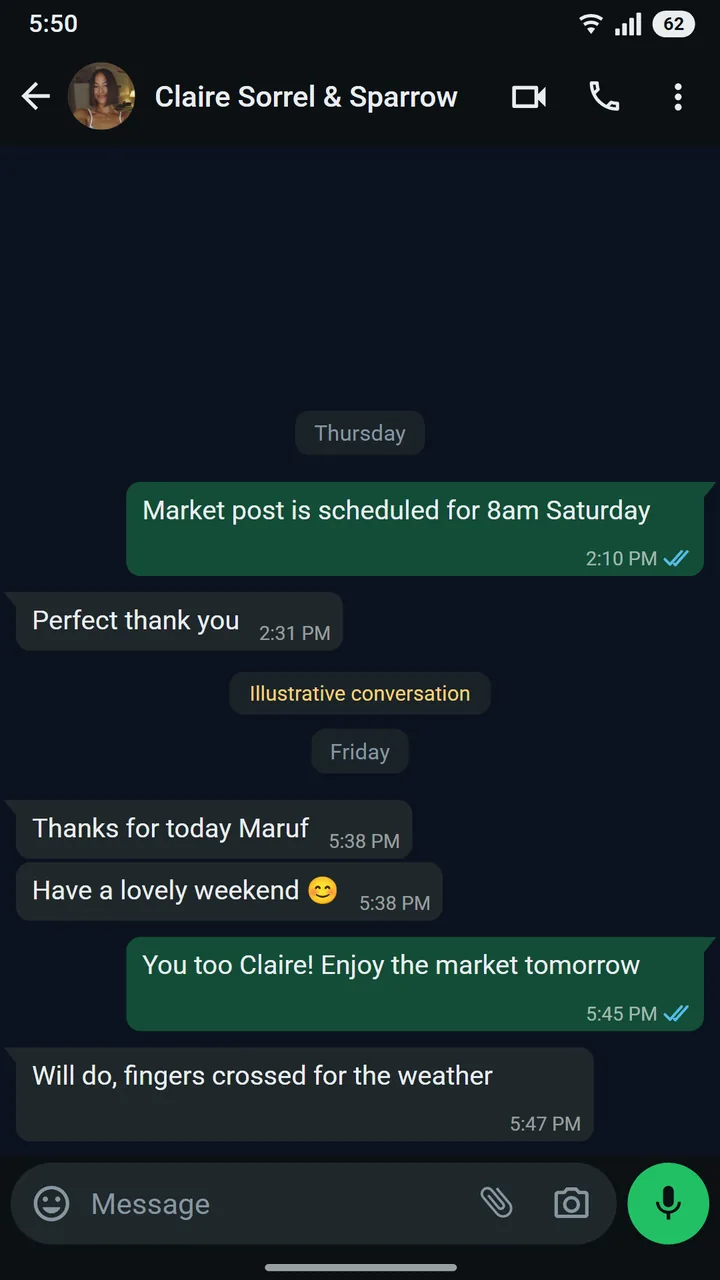 WhatsApp conversation between Claire Bennett of Sorrel & Sparrow and Maruf at Asteroid