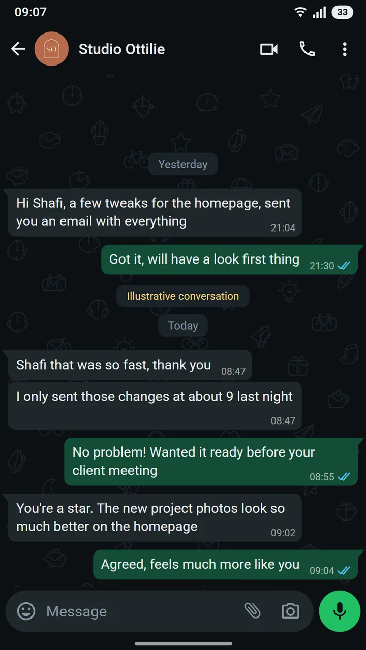 WhatsApp conversation between Ottilie Grant of Studio Ottilie and Shafi at Asteroid