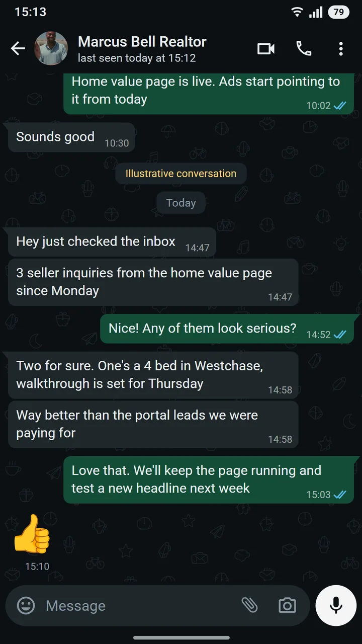 WhatsApp conversation between Marcus Bell of Tidewell Homes and Sultan at Asteroid