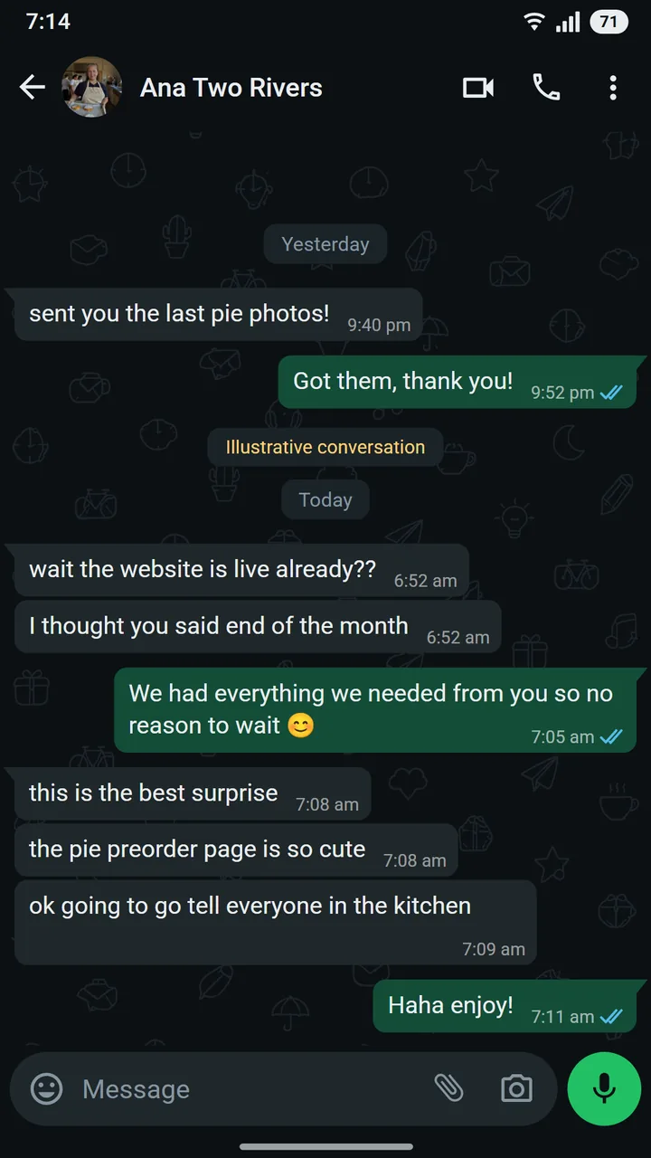 WhatsApp conversation between Ana Kowalski of Two Rivers Bakehouse and Ali at Asteroid