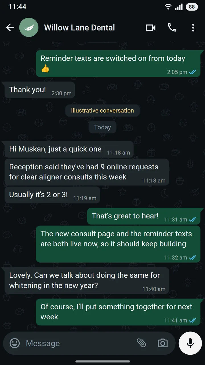 WhatsApp conversation between Dr Priya Shah of Willow Lane Dental and Muskan at Asteroid