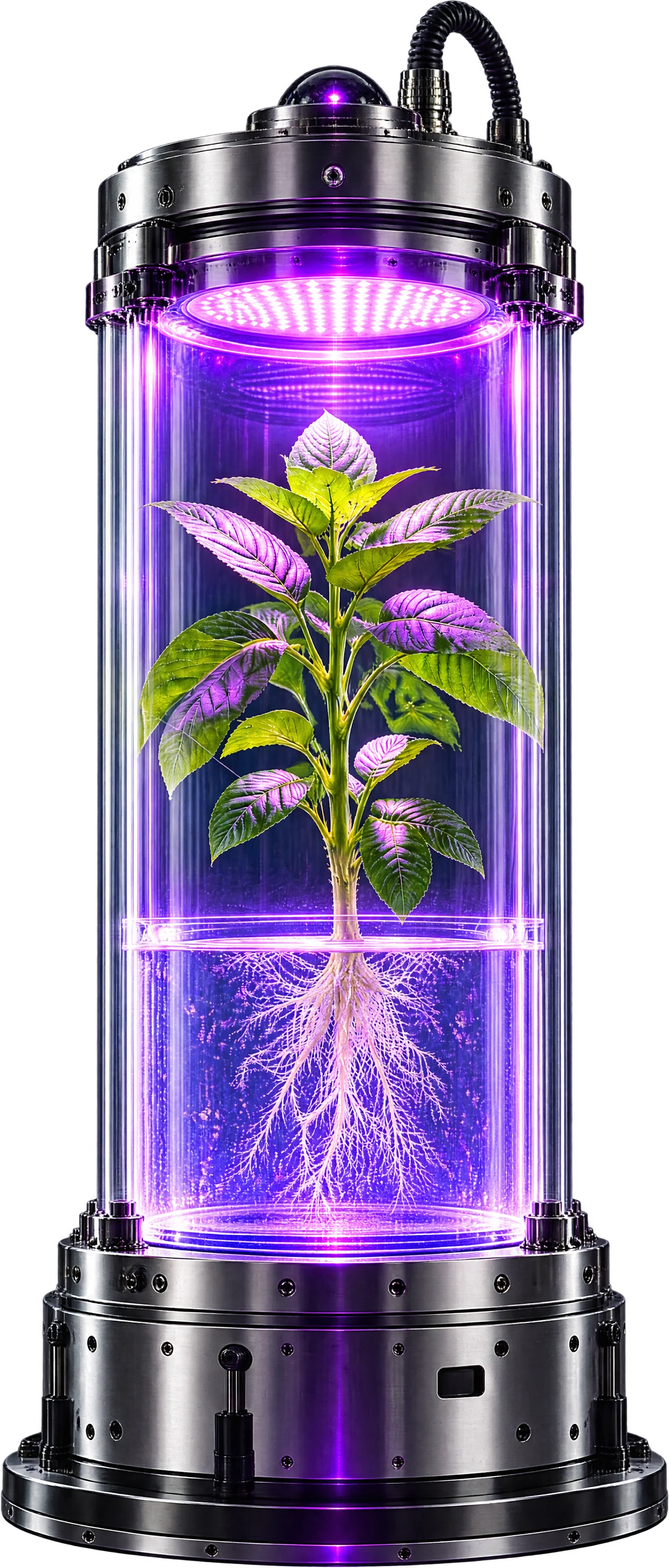A sealed glass bio-chamber with a healthy plant growing under violet light, roots visible in clear gel