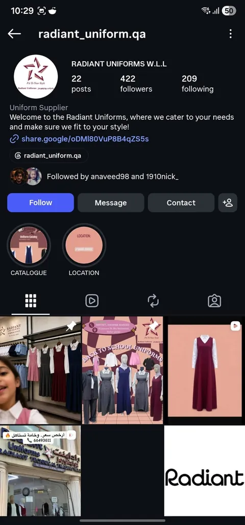 Instagram profile @radiant_uniform.qa